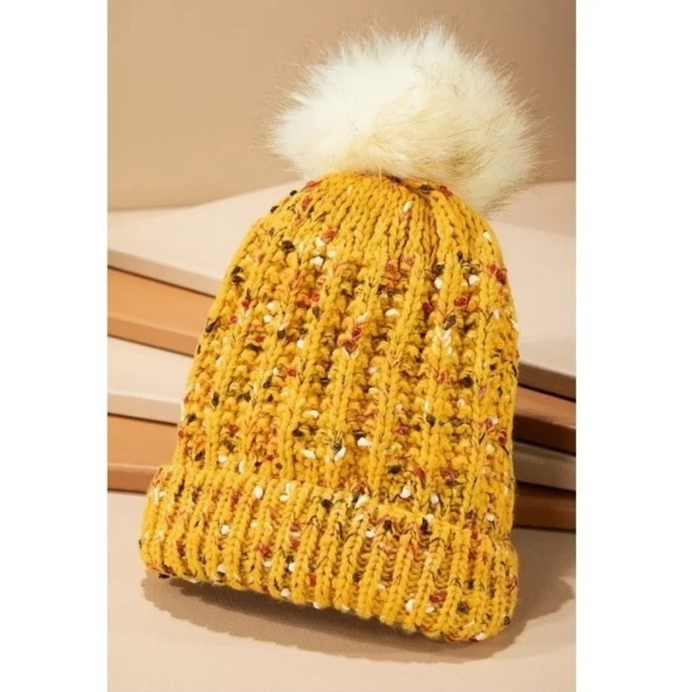 🆕 Mustard & Multicolor Confetti Knit Beanie w/ Faux Fur Pom-Pom 🆕